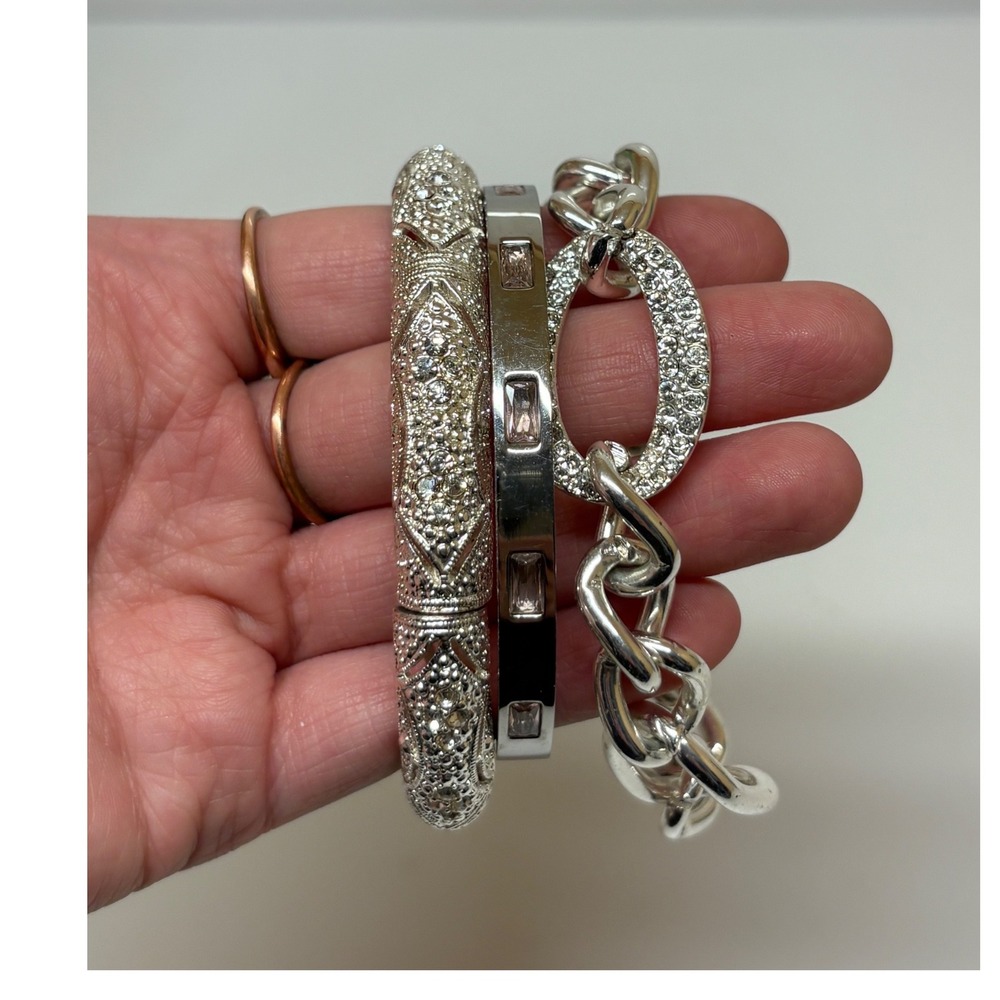 3pc Silver Tone Bracelet Set Rhinestone Chain Baguette Bangle Etched Hinged